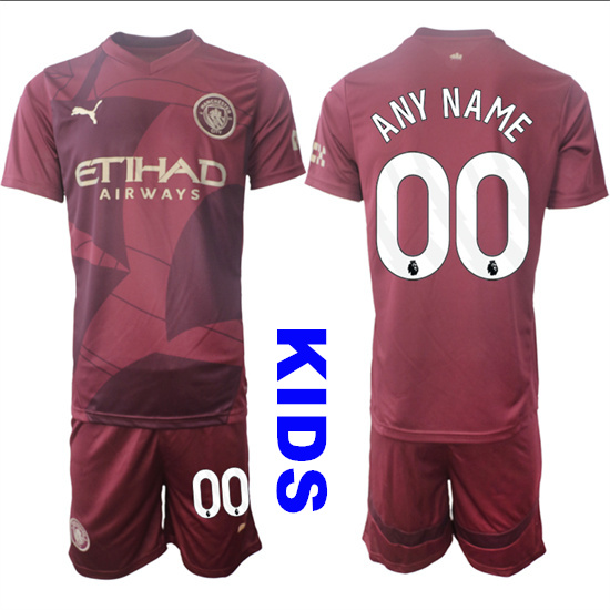 Youth Manchester City Custom Any Name And number 2024-25 Wine red Away Kids Soccer Suit Jersey
