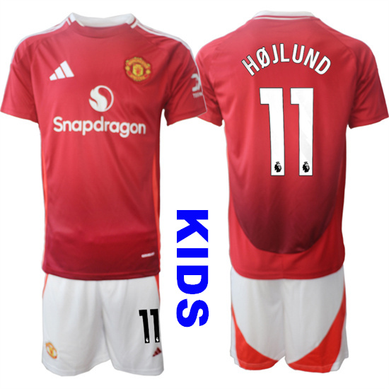 Youth Manchester United #11 HOJLUND 2024-25 Home Kids Soccer Suit Jersey