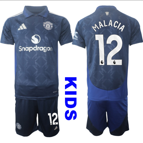 Youth Manchester United #12 MALACIA 2024-25 Away Kids Soccer Suit Jersey