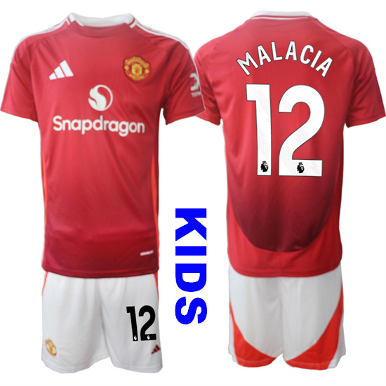 Youth Manchester United #12 MALACIA 2024-25 Home Kids Soccer Suit Jersey
