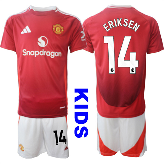 Youth Manchester United #14 ERIKSEN 2024-25 Home Kids Soccer Suit Jersey