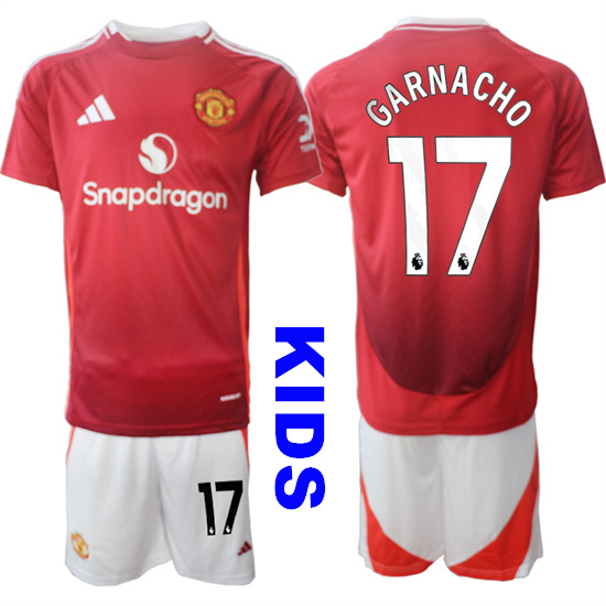 Youth Manchester United #17 GARNACHO 2024-25 Home Kids Soccer Suit Jersey