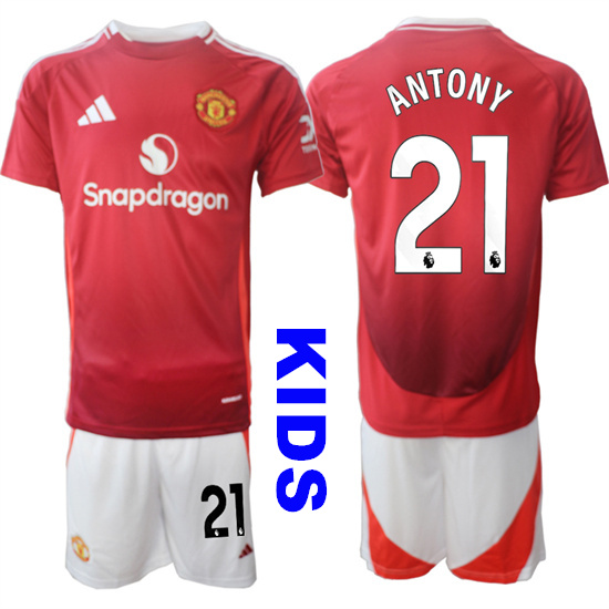 Youth Manchester United #21 ANTONY 2024-25 Home Kids Soccer Suit Jersey