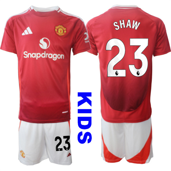 Youth Manchester United #23 SHAW 2024-25 Home Kids Soccer Suit Jersey