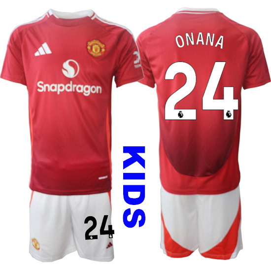 Youth Manchester United #24 ONANA 2024-25 Home Kids Soccer Suit Jersey