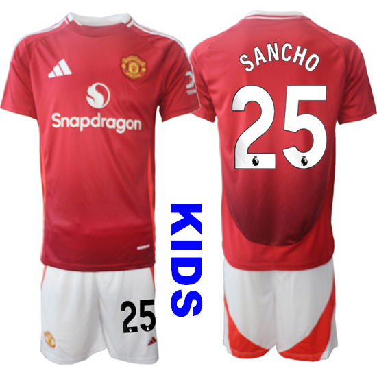 Youth Manchester United #25 SANCHO 2024-25 Home Kids Soccer Suit Jersey