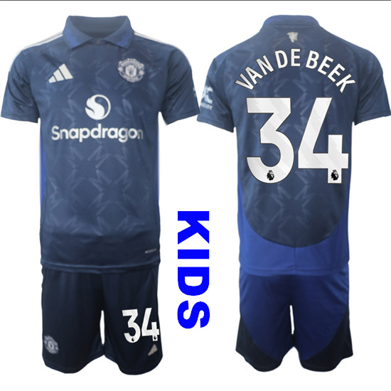 Youth Manchester United #34 VAN DE BEEK 2024-25 Away Kids Soccer Suit Jersey