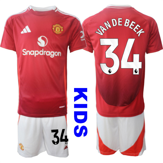 Youth Manchester United #34 VAN DE BEEK 2024-25 Home Kids Soccer Suit Jersey