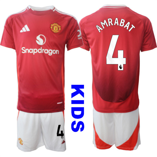 Youth Manchester United #4 AMRABAT 2024-25 Home Kids Soccer Suit Jersey
