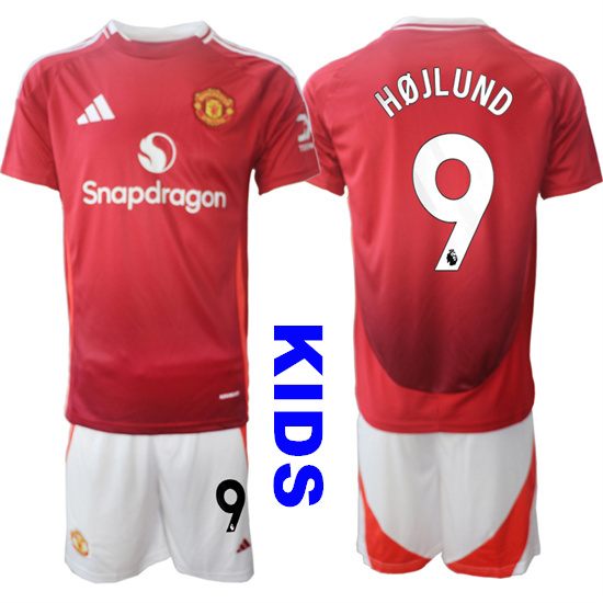 Youth Manchester United #9 HOJLUND 2024-25 Home Kids Soccer Suit Jersey
