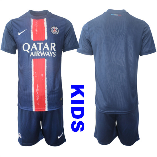 Youth Paris Saint-Germain Blank or Custom  2024-25 Home Navy Kids Soccer Suit Jersey