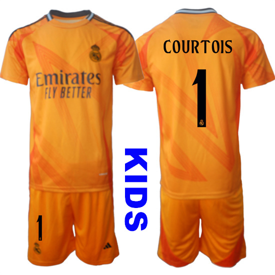 Youth Real Madrid #1 COURTOIS 2024-25 Orange Away Kids Soccer Suit Jersey