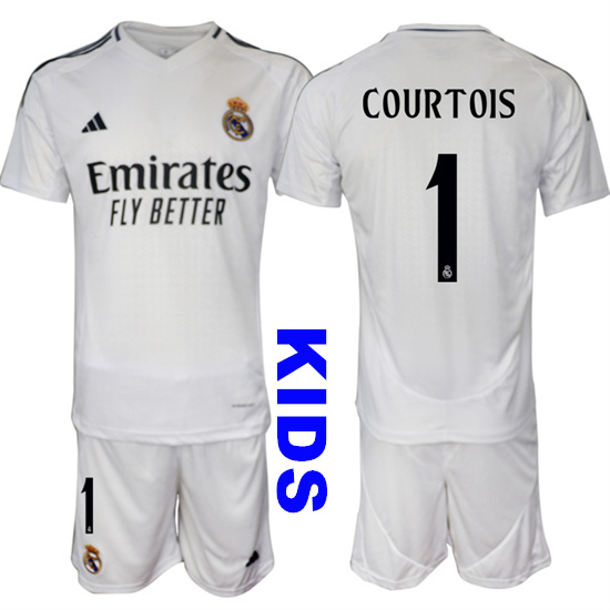 Youth Real Madrid #1 COURTOIS 2024-25 White Home Kids Soccer Suit Jersey