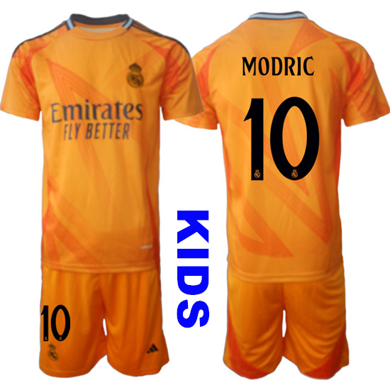 Youth Real Madrid #10 MODRIC 2024-25 Orange Away Kids Soccer Suit Jersey