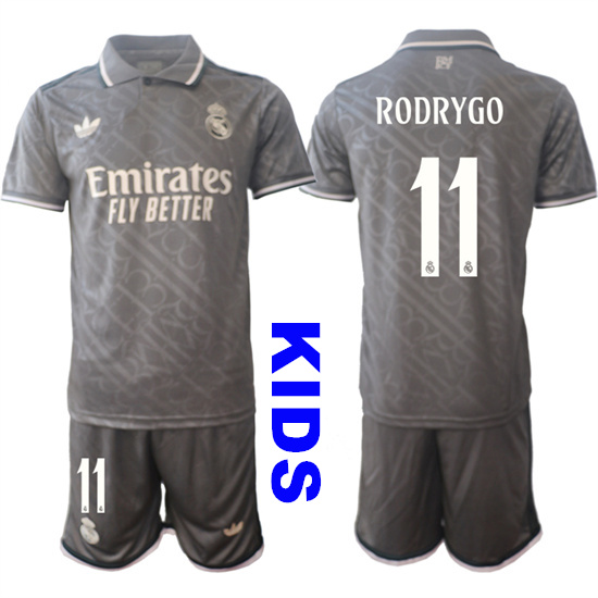 Youth Real Madrid #11 RODRYGO 2024-25 Grey Away 2nd Kids Soccer Suit Jersey