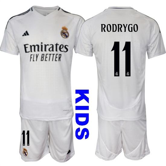 Youth Real Madrid #11 RODRYGO 2024-25 White Home Kids Soccer Suit Jersey