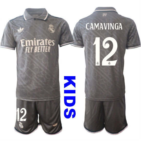 Youth Real Madrid #12 CAMAVINGA 2024-25 Grey Away 2nd Kids Soccer Suit Jersey