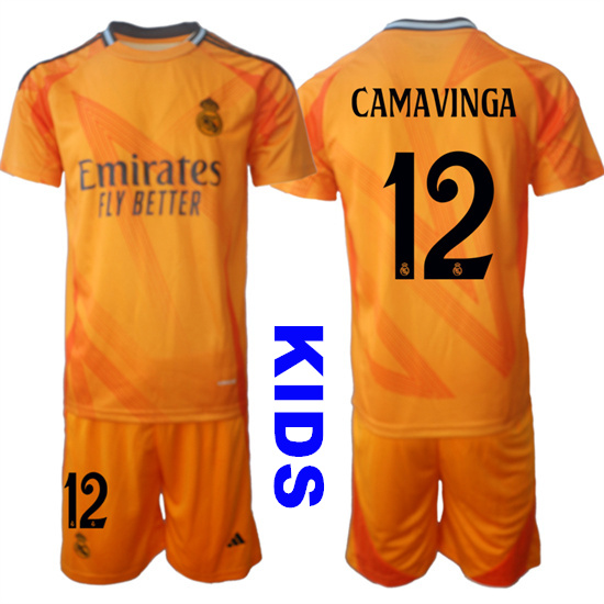 Youth Real Madrid #12 CAMAVINGA 2024-25 Orange Away Kids Soccer Suit Jersey