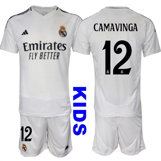 Youth Real Madrid #12 CAMAVINGA 2024-25 White Home Kids Soccer Suit Jersey