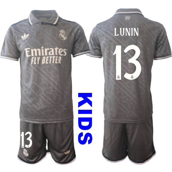 Youth Real Madrid #13 LUNIN 2024-25 Grey Away 2nd Kids Soccer Suit Jersey