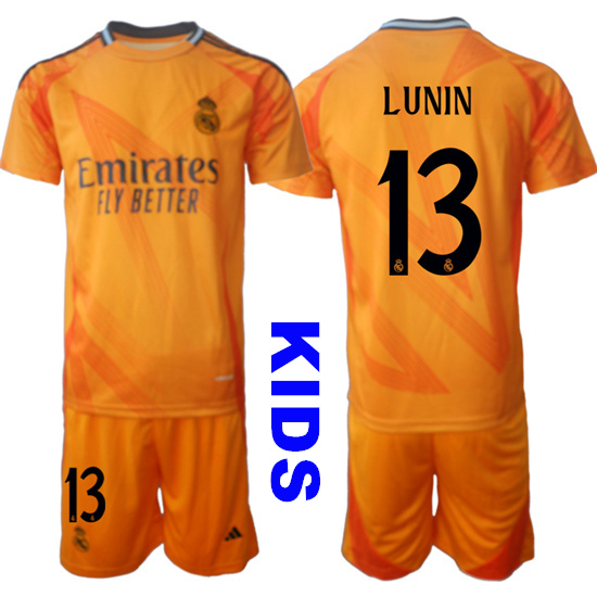Youth Real Madrid #13 LUNIN 2024-25 Orange Away Kids Soccer Suit Jersey