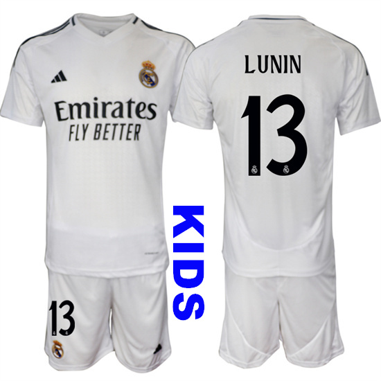 Youth Real Madrid #13 LUNIN 2024-25 White Home Kids Soccer Suit Jersey