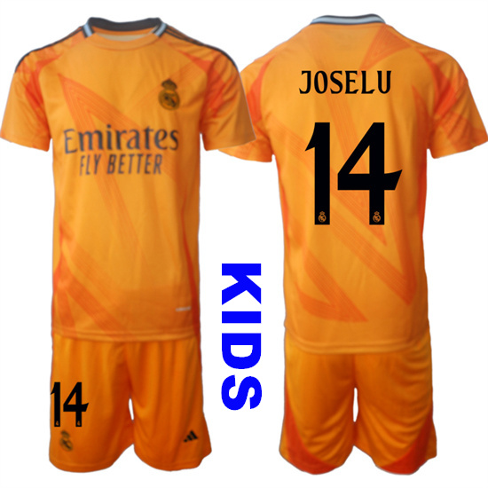 Youth Real Madrid #14 JOSELU 2024-25 Orange Away Kids Soccer Suit Jersey