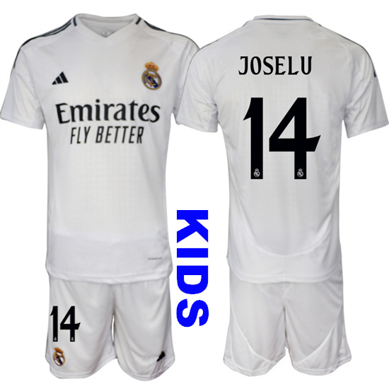 Youth Real Madrid #14 JOSELU 2024-25 White Home Kids Soccer Suit Jersey