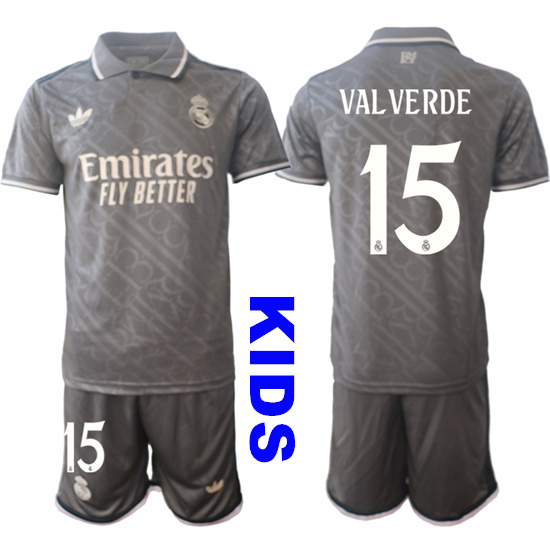 Youth Real Madrid #15 VAL VERDE 2024-25 Grey Away 2nd Kids Soccer Suit Jersey
