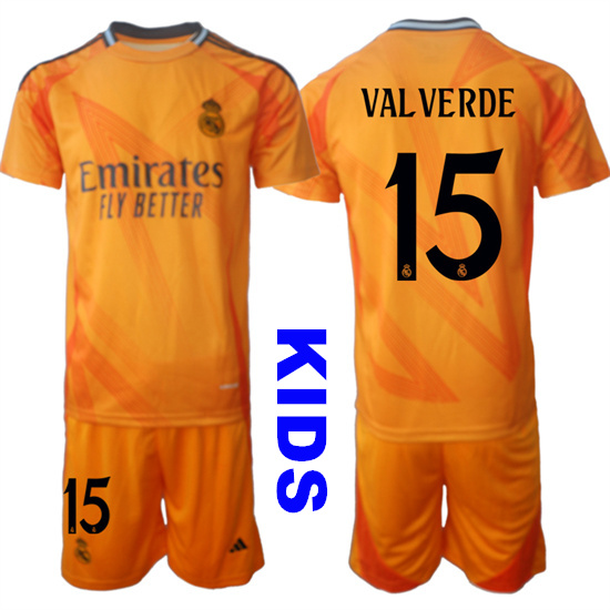 Youth Real Madrid #15 VAL VERDE 2024-25 Orange Away Kids Soccer Suit Jersey