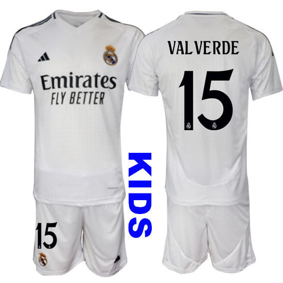 Youth Real Madrid #15 VAL VERDE 2024-25 White Home Kids Soccer Suit Jersey