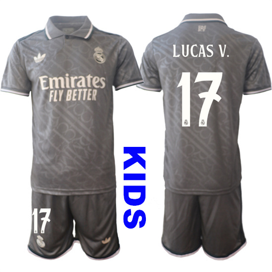 Youth Real Madrid #17 LUCAS V. 2024-25 Grey Away 2nd Kids Soccer Suit Jersey