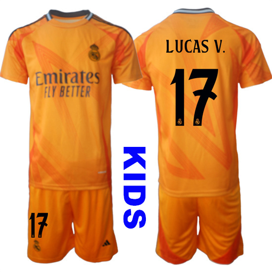 Youth Real Madrid #17 LUCAS V. 2024-25 Orange Away Kids Soccer Suit Jersey