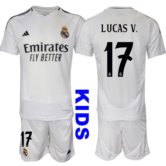 Youth Real Madrid #17 LUCAS V. 2024-25 White Home Kids Soccer Suit Jersey