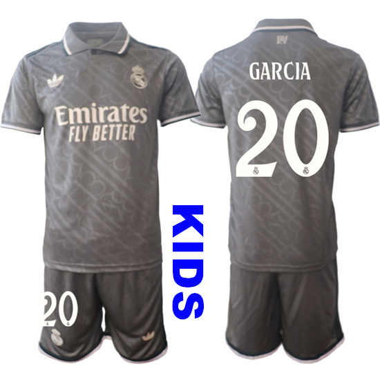 Youth Real Madrid #20 GARCIA 2024-25 Grey Away 2nd Kids Soccer Suit Jersey