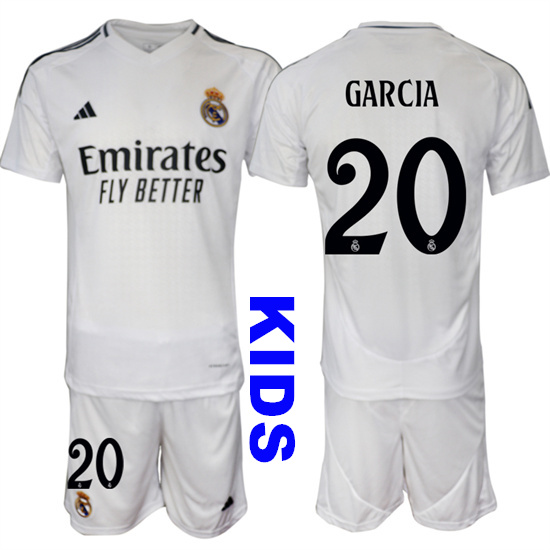 Youth Real Madrid #20 GARCIA 2024-25 White Home Kids Soccer Suit Jersey
