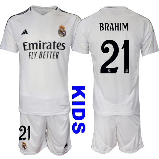 Youth Real Madrid #21 BRAHIM 2024-25 White Home Kids Soccer Suit Jersey