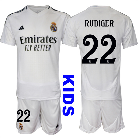 Youth Real Madrid #22 RUDIGER 2024-25 White Home Kids Soccer Suit Jersey