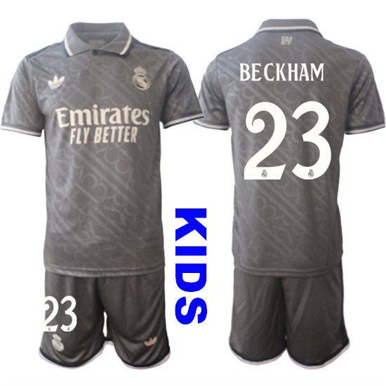 Youth Real Madrid #23 BECKHAM 2024-25 Grey Away 2nd Kids Soccer Suit Jersey
