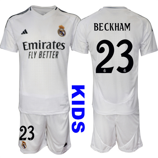 Youth Real Madrid #23 BECKHAM 2024-25 White Home Kids Soccer Suit Jersey