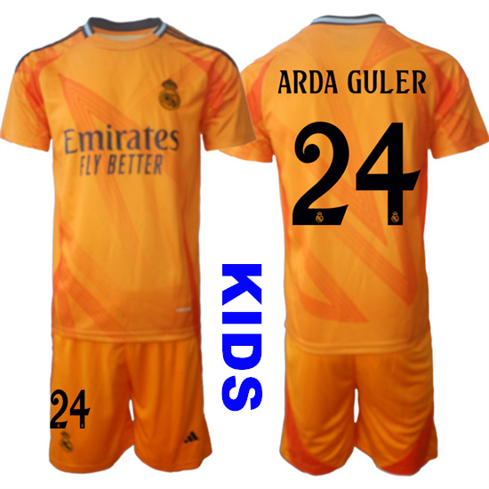 Youth Real Madrid #24 ARDA GULER 2024-25 Orange Away Kids Soccer Suit Jersey