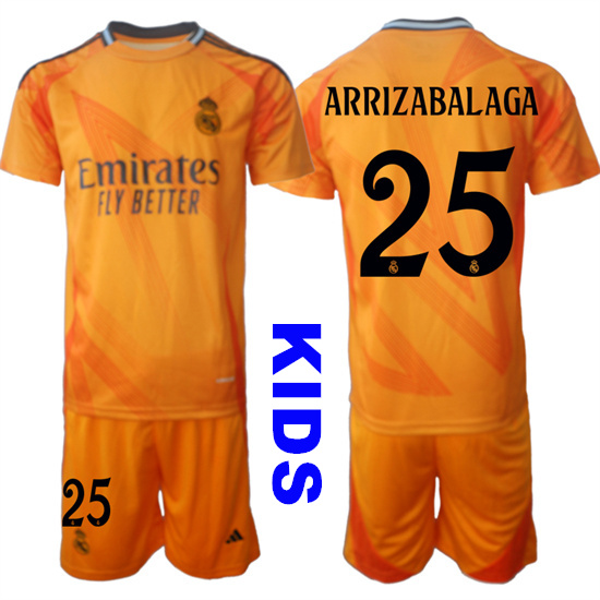 Youth Real Madrid #25 ARRIZABALAGA 2024-25 Orange Away Kids Soccer Suit Jersey
