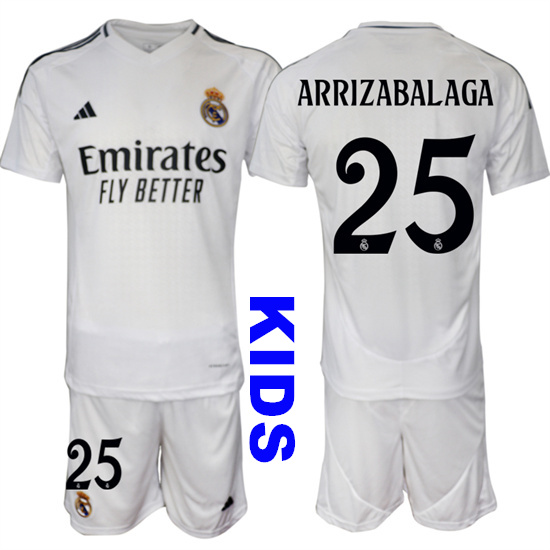 Youth Real Madrid #25 ARRIZABALAGA 2024-25 White Home Kids Soccer Suit Jersey