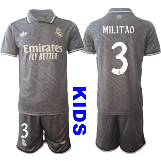 Youth Real Madrid #3 MILITAO 2024-25 Grey Away 2nd Kids Soccer Suit Jersey
