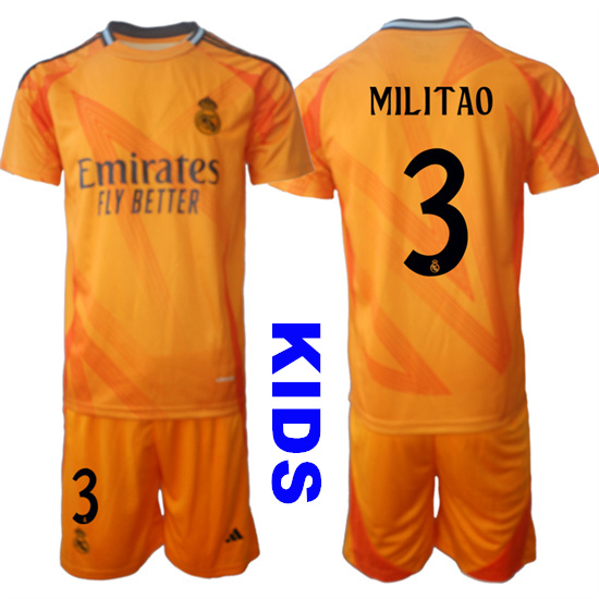 Youth Real Madrid #3 MILITAO 2024-25 Orange Away Kids Soccer Suit Jersey