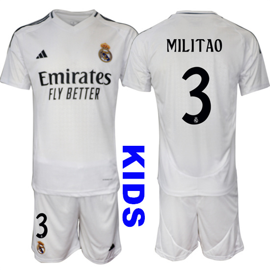 Youth Real Madrid #3 MILITAO 2024-25 White Home Kids Soccer Suit Jersey
