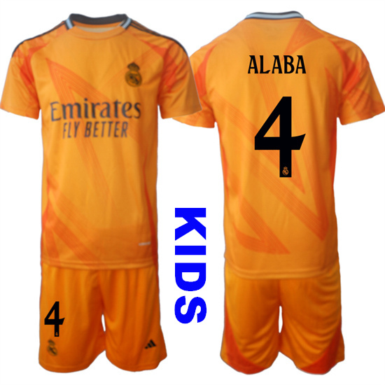 Youth Real Madrid #4 ALABA 2024-25 Orange Away Kids Soccer Suit Jersey