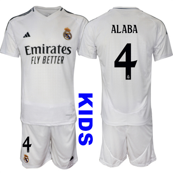 Youth Real Madrid #4 ALABA 2024-25 White Home Kids Soccer Suit Jersey