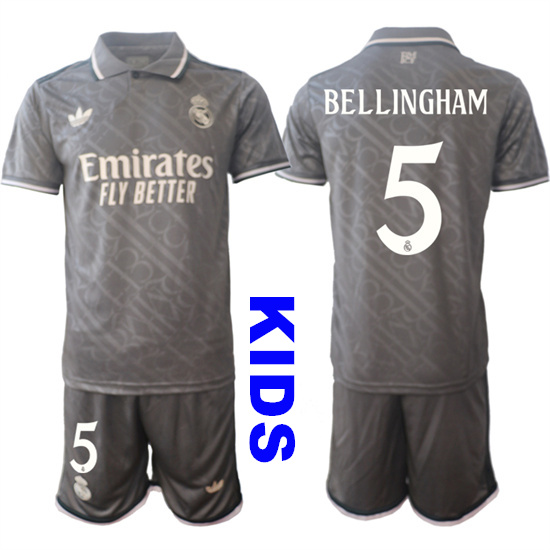 Youth Real Madrid #5 BELLINGHAM 2024-25 Grey Away 2nd Kids Soccer Suit Jersey