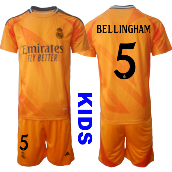Youth Real Madrid #5 BELLINGHAM 2024-25 Orange Away Kids Soccer Suit Jersey